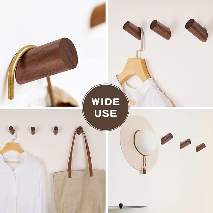 Wooden Wall Hooks, 2 Pack Coat Hooks Wall Mount, Natural Wood Hooks Coat Rack, Heavy Duty Hooks for Hanging Towels Entryway Coats Hat Rack for Wall (Walnut Wood)