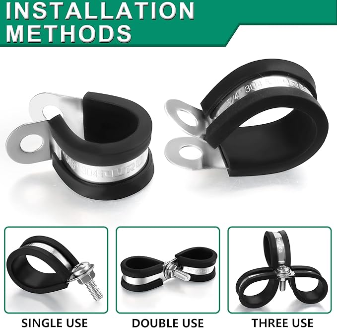 100PCS Cable Clamps 1/4 Inch 304 Stainless Steel Cable Clamps Rubber Coated Cushioned Insulated Cable Clamp,Automotive Wire Clamps,Pipe Clamps,Metal Clamp for Tube,Wire Cord Installation(6mm)