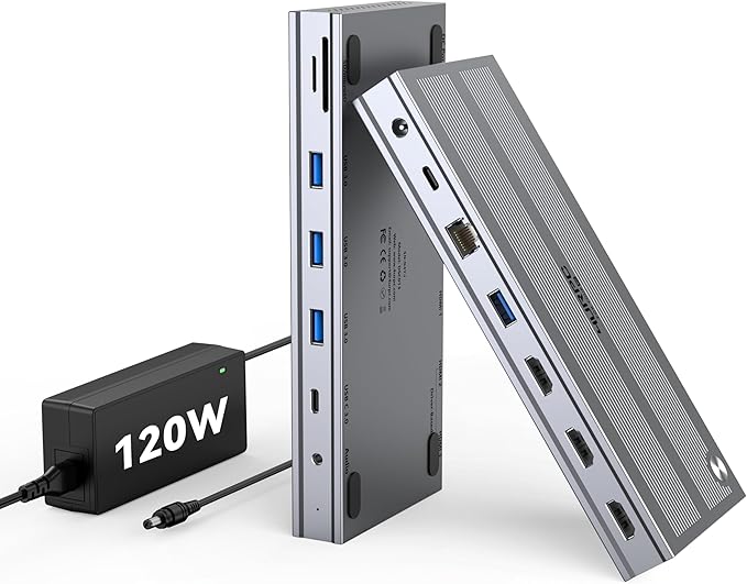 USB C Docking Station 3 Monitors with 120W Power Adapter, 4URPC Displaylink Docking Station 3 HDMI for MacBook/Mac mini M4, Windows, and Chrome with USB C(3 HDMI, 5 USB, Ethernet, SD/microSD)