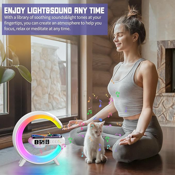 Mini LED Table Lamp with 4-in-1 Wireless Charger, Night Light, Sunrise Alarm Clock, Bluetooth Speaker, Smart Atmosphere Table Lamp for Bedroom, Office, Home Decor (Black)
