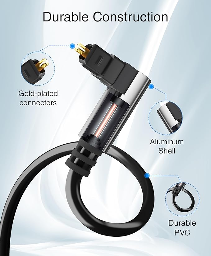BlueRigger Optical Audio Toslink Cable - 25FT (90 Degrees Optical Cable for Soundbar, 360 Degree Rotatable Right Angle, S/PDIF Digital Toslink) - Fiber Optic Compatible with HDTV, Game Console, DVR