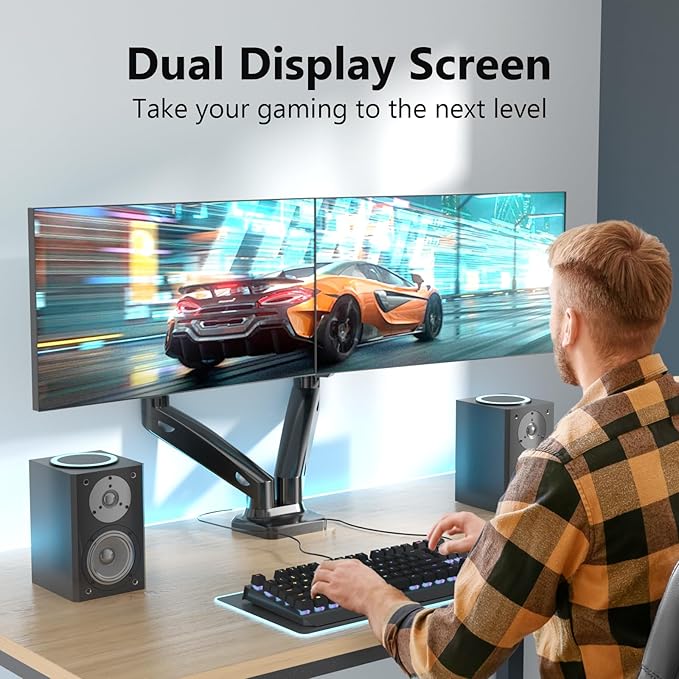 WALI Dual Monitor Mount, Monitor Arms for 2 Monitors Fully Adjustable Gas Spring Desk Mount Swivel Mounting Holes Bracket with C Clamp, Grommet Base for Display Up to 32 Inch 19.8lbs (GSMP002), Black