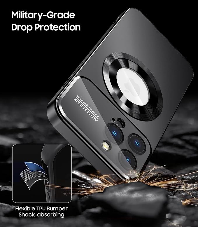 Magnetic for iPhone 12 Pro Max Case, Compatible with MagSafe, Built-in Camera Lens Protector, Logo View, Military Grade Drop Proof Phone Case Cover, Black