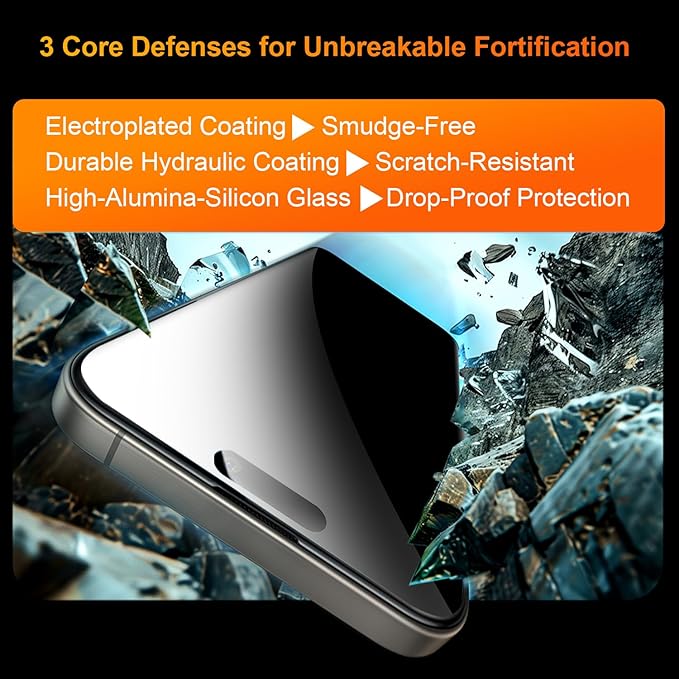 OneFish 2 Pack Privacy Screen Protector for iPhone 16/15-4-Way 360° Anti-Spy Tempered Glass, 9H Hardness, 3D Curved Edges, Case-Friendly & Easy Installation