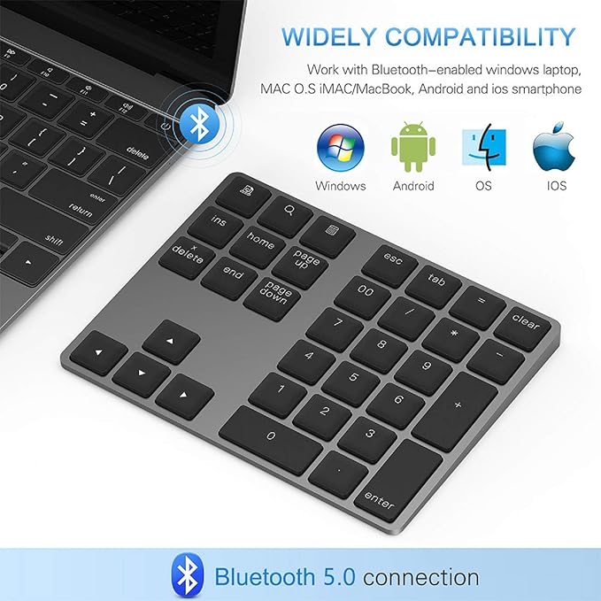 Bluetooth Number Pad, Lekvey Aluminum Rechargeable Wireless Numeric Keypad Slim 34-Keys External Numpad Keyboard Data Entry Compatible for Macbook, MacBook Air/Pro, iMac Windows Laptop Surface Pro etc
