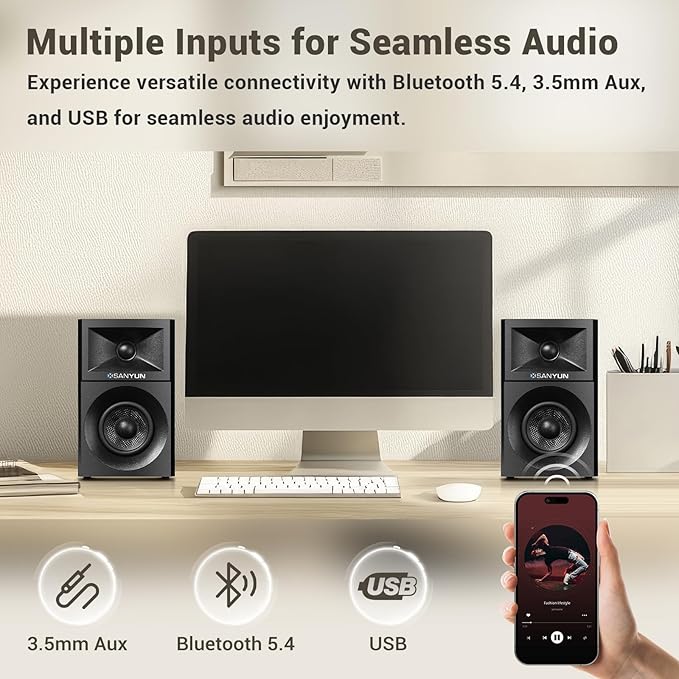 SW203 4.0 Computer Speakers - 60W 4-Way DSP Control 3D Immersive Sound - 3" Carbon Fiber Woofer & 20mm Silk Dome Tweeter - 24bit DAC USB/Bluetooth 5.4/AUX - Studio-Grade Audio (Pair, Black)