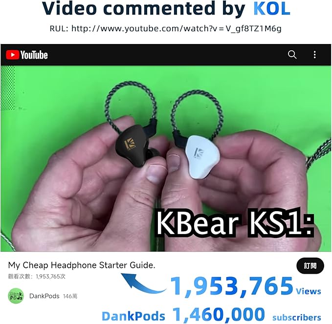 YINYOO KBEAR KS1 Bass Earbuds, Wired Earbuds in Ear Monitor, Clear Sound Headphones, Vocals Forwards High Resolution Noise Canceling Earphones, Dual Magnectic Circuit Dynamic Tangle-Free Cable