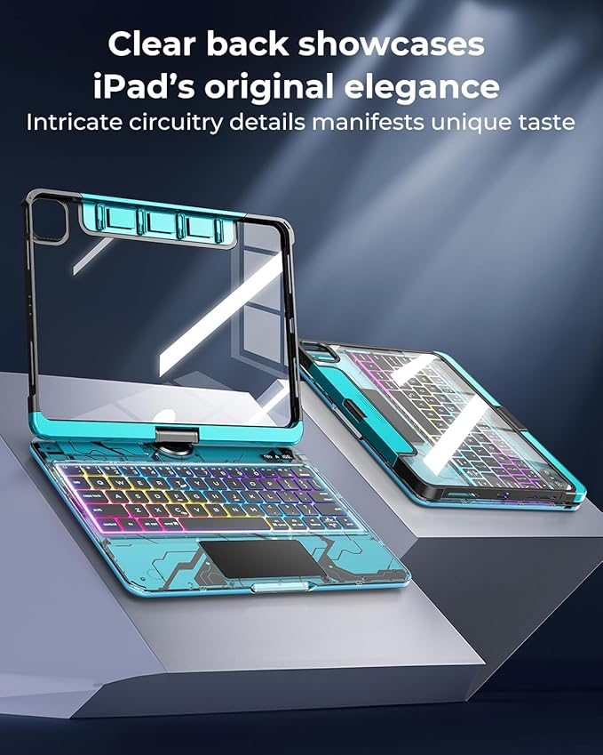 SIBEITU Keyboard Case for iPad Pro 11 Inch M5 2025 / M4 2024, Clear Wireless Keyboard iPad Pro 11inch Cover with Multi-Touch Trackpad, 7-Color Backlight & 3-Brightness, Visible PCB Tech Design, Blue