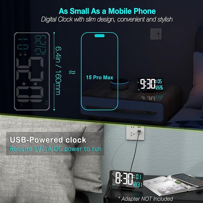 KOSUMOSU Digital Alarm Clock 6.7in Black Clock for Bedroom, Dual Alarm, Date, Seconds,Day of Week,12/24h,Dimming, Temp, Desk Clock, LED Clock for Living Room, Calendar Digital Clock