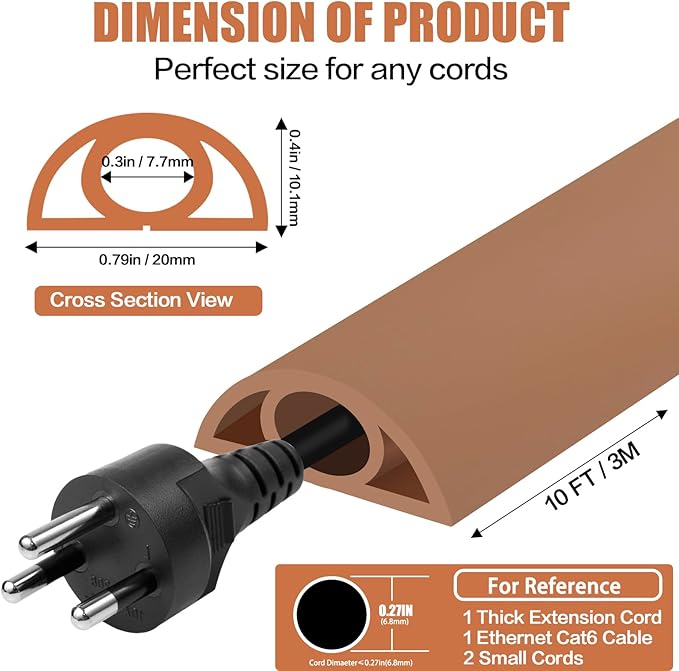Floor Cord Cover Self Adhesive Cord Hider,10FT Cable Management, Extension Strip Protector for Wires, Prevent Cable Trips for Offices, Gyms, Exhibitions Cavity:0.3"(W) x 0.28"(H) Brown