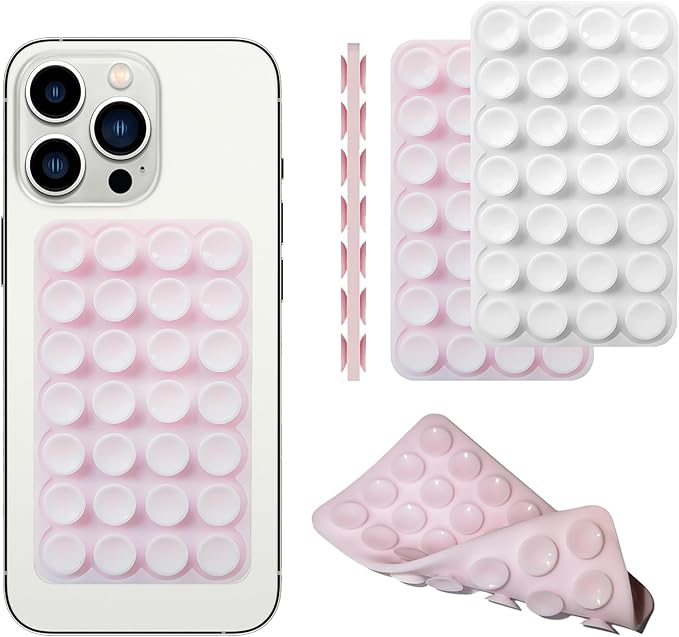 Silicone Double-Sided Suction Phone Grip Detachable Mount - Car Dashboard/Shower Phone Holder, Hands-Free For Selfies & Videos, TikTok/ASMR - iphone & Android Compatible (3.74"x2.2", White+Baby Pink)