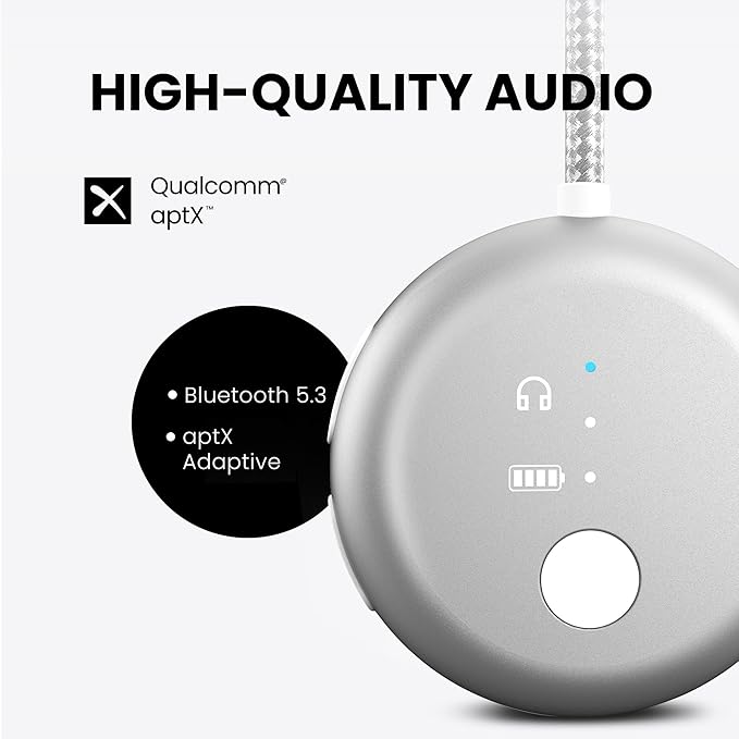 Avantree SoundJet R1 – Airplane Bluetooth Adapter for Headphones & AirPods, aptX Adaptive, Qualcomm Chipset, 20H Battery, Wireless Audio Transmitter for in-Flight Travel Essentials - Silver