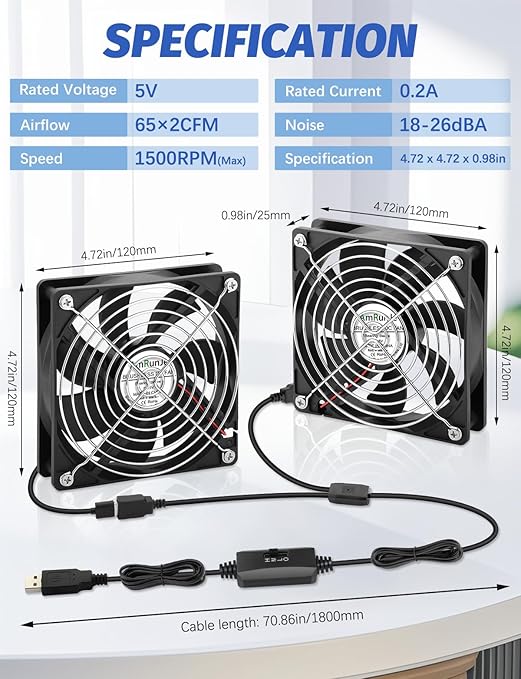2 Packs AmRunJe 120mm x 25mm USB Cooling Fan 5V Brushless Dual Fan with Speed Controller for Computer Receiver DVR Xbox AV Cabinet Projector Router