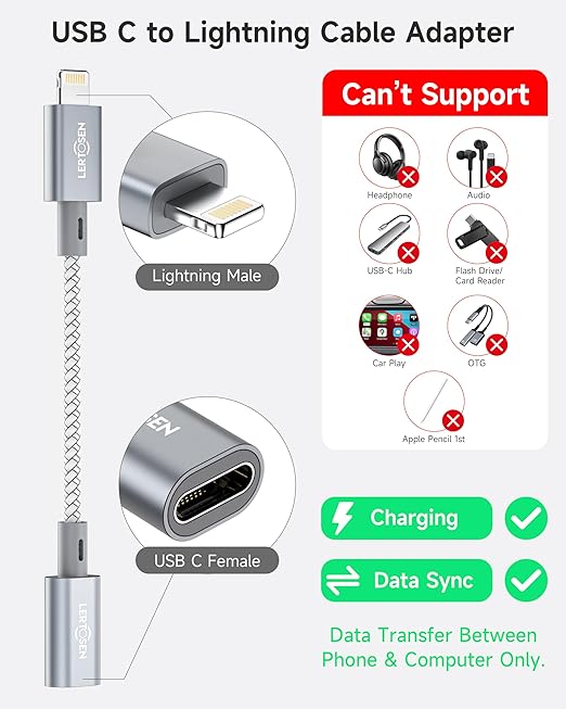 2 Pack 27W USB C to Lightning Cable Adapter, PD Fast Charging & Data Transfer, Type C Female to Lightning Male Charger Converter Cord for iPhone 14/13/12/11,iPad, Airpods,Not for Audio/Headphone/OTG