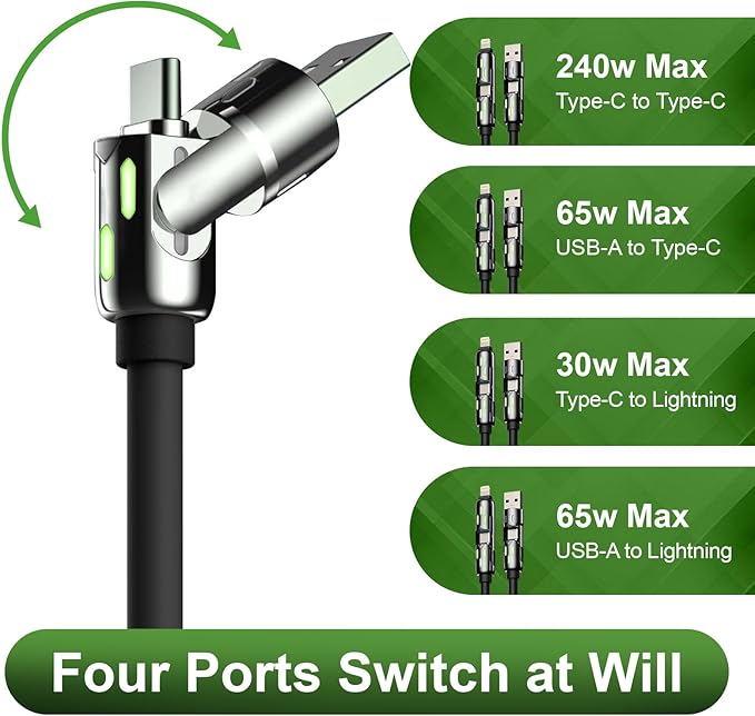 KerrKim 240W 4-in-1 Multi Fast USB Charging Cable with Breathing Light, USB A Type C Lightning Cable for iPhone 16 15 14 13 12 11 Pro Max iPad Samsung Galaxy MacBook iPad Tablets & More (6FT, Black)
