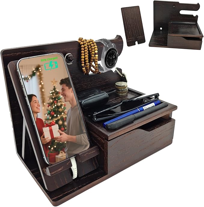 3-in-1 Wood Phone Docking Station Organizer with Drawer & Hidden Charging Hole for Phone, Keys, Glasses & Accessories, for Men (Brown, 01)