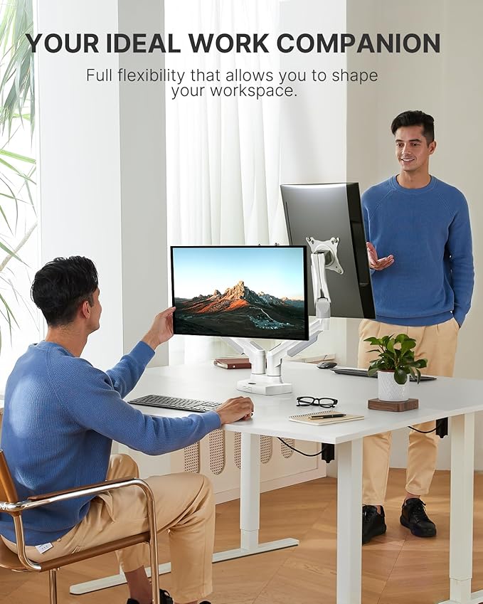 HUANUO Dual Monitor Stand - Full Adjustable Monitor Desk Mount Swivel Vesa Bracket with C Clamp, Grommet Mounting Base for 13 to 32 Inch Computer Screens - Each Arm Holds 4.4 to 19.8lbs - White