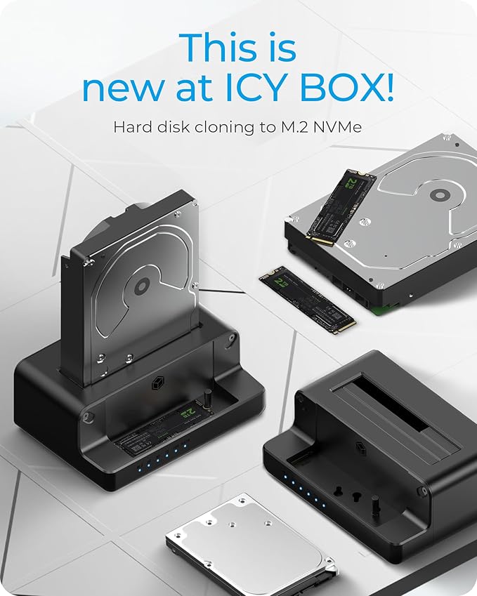 M.2 NVMe & SATA SSD/HDD Hard Drive Docking Station, ICY BOX USB-C 10Gbps M.2 NVMe&SATA Cloner&Reader, Dual Bay Hard Drive cloner for 2.5"/3.5" SSD&HDD Hard Drives, 2 Way Offline Cloning Clone Station