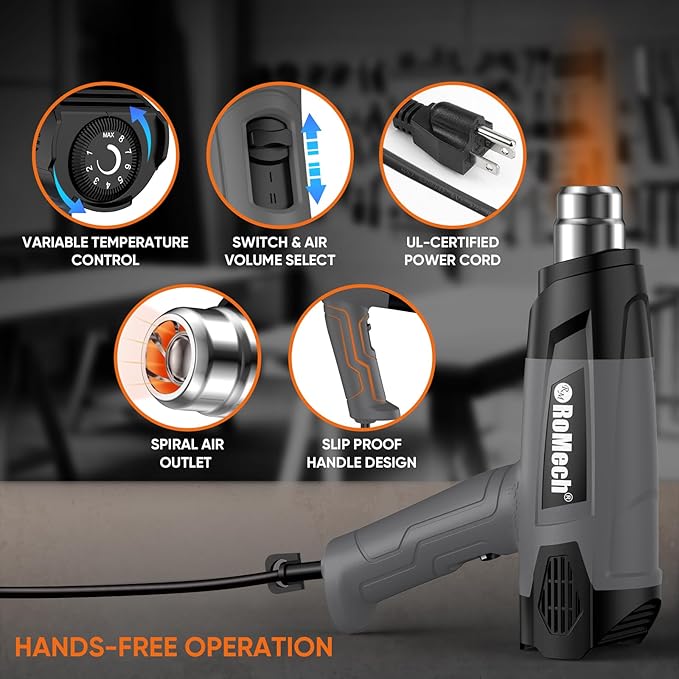ROMECH 1500W Heavy Duty Heat Gun, Variable Temperature Control Hot Air Gun Kit with 2 Air Flow 120°F~1200°F and 4 Nozzles for Crafts Shrink Wrap (Gray)