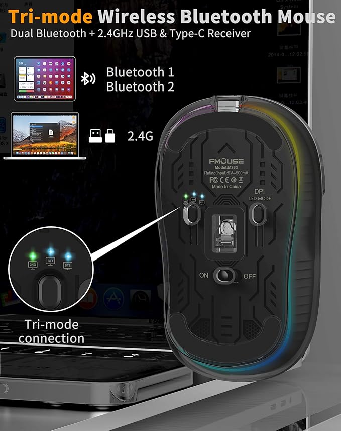 Bluetooth Wireless Mouse, Transparent RGB Tri-Modes Mouse,Bluetooth & 2.4GHz for Multi Device, USB-C Receiver Ideal for MacBook/Laptops, Rechargeable, Silent, Portable, Cool LED, Ergonomic - Black