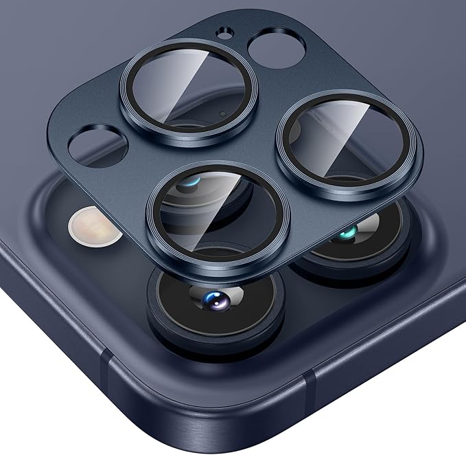 Tensea for iPhone 16 Pro/iPhone 16 Pro Max/iPhone 15 Pro/iPhone 15 Pro Max Camera Lens Protector, Metal Aluminum Alloy Tempered Glass Cover Camera Screen Protector Accessories, Case Friendly Blue