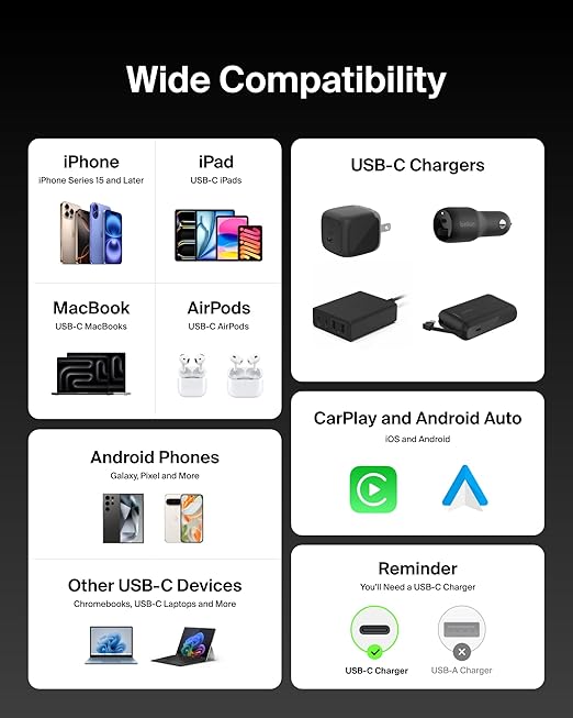 Belkin USB C to USB C Cable, 9.9ft, 240W - Type C Charger, iPhone Charger Cord, Soft, Braided, Flexible for iPhone 17, Galaxy S25, Pixel 10, MacBook, Chromebook, iPad Pro, Switch Steam Deck – Black