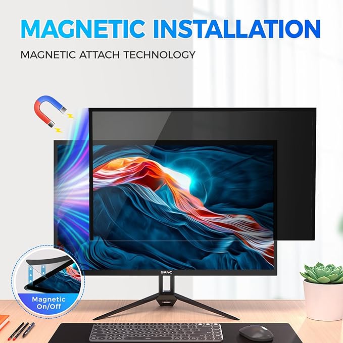 2 Pack Hidden Design Magnetic Computer Privacy Screen 24 inch, Removable Screen Filter for Frameless Monitor 16:9 Widescreen, Anti Blue Light Privacy Shield, Anti-Glare Protector