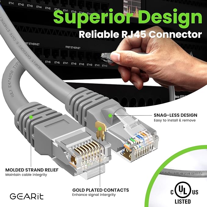 GearIT Cat 6 Ethernet Cable (10-Pack 7 Feet) Cat6 Network Patch, 10Gbps, RJ45, Snagless Cord, Gold-Plated Connectors, Internet for PC, TV, Tablet, Router, Printer, Servers, IT Data Center - Gray