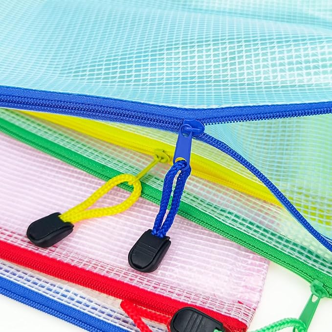 AUSTARK 10 Pcs Zipper File Bags, Waterproof Plastic Mesh Pouch for Office School, Board Game Storage Bags (A4 Size 13.4''x9.4'', Multicolored)