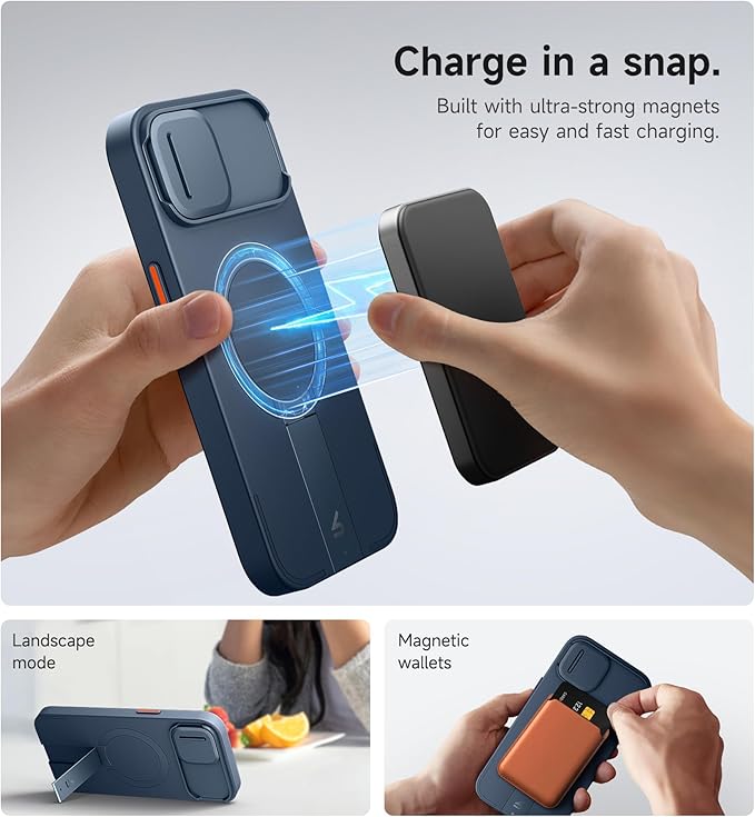 SURITCH for iPhone 13/14 Case with Magnetic Camera Slide Cover and Adjustable Kickstand, Compatible with MagSafe, Shockproof Bumper Case Slim Protective Cover for iPhone 13/14 6.1 Inch, Blue