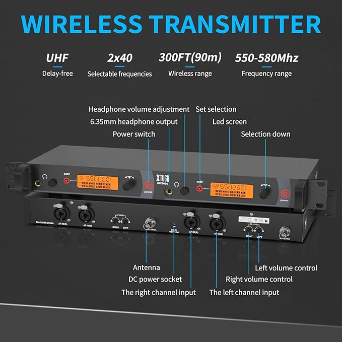 XTUGA RW2080 Wireless in Ear Monitor System 4 Bodypacks UHF IEM System, Dual Channel Mono Design Stage Monitors Earphone with 40 Frequencies, 300Ft for Band, Studio or Musicians, 902-928mhz