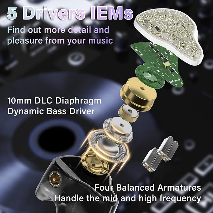 BASN Bmaster5 in Ear Monitors, 1DLC Diaphragm+4BA 5 Drivers IEM Earphones with Silver-Plated OFC Cable, Noise Isolation Wired Earbuds for Musicians (Starlight Gold)