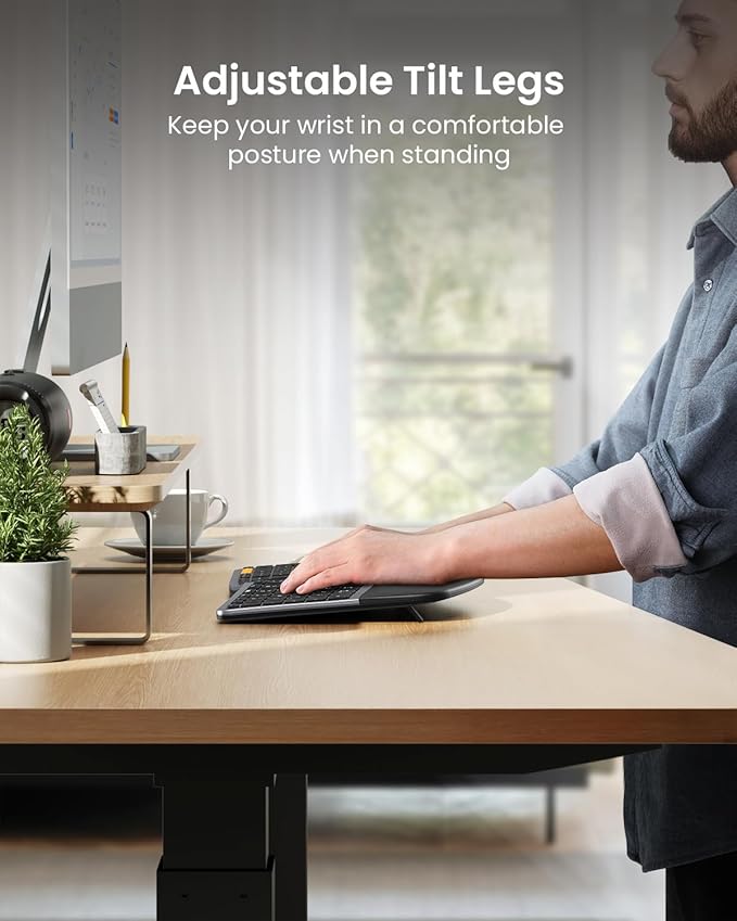ProtoArc Ergonomic Keyboard Mouse, EKM01 Plus Full Size Wireless Bluetooth Ergo Keyboard Mouse Combo, Cushioned Palm Rest, Split Design, Rechargeable, Compatible for Windows, Mac OS - Gray and Black