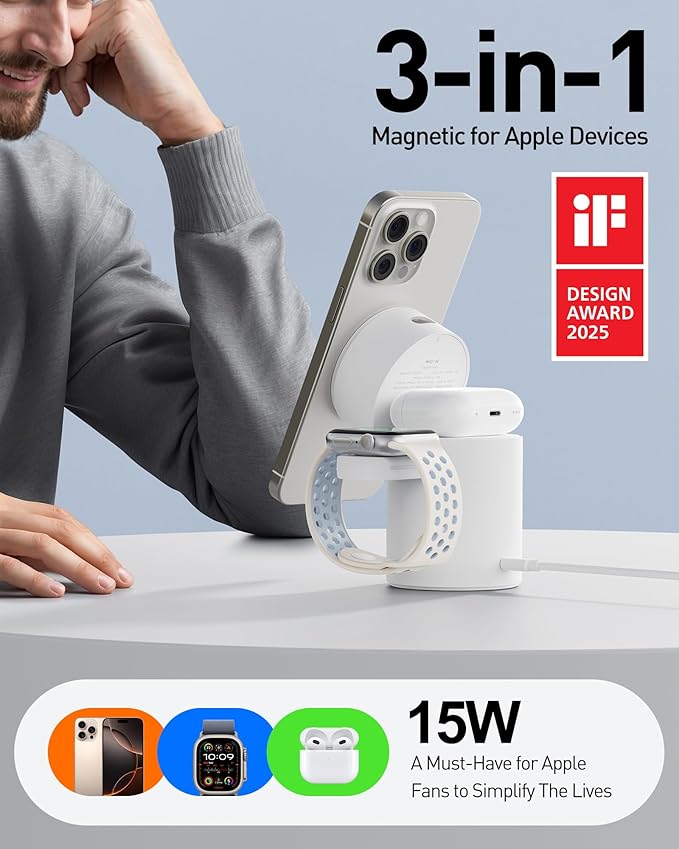 iWALK 3 in 1 Wireless Charging Stand with Auto Rotation, Charging Station with Magnet for Apple Devices, 15W Foldable Wireless Charger Station for iPhone 16 15 14 13 12 & Apple Watch & Airpods, White