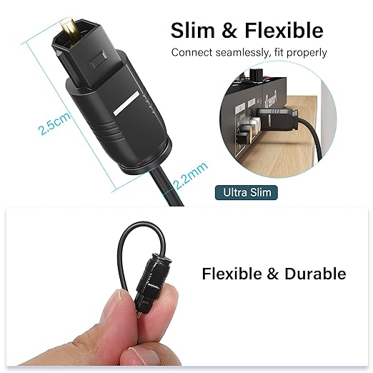 Adoreen Ultra-Thin Slim Digital Optical Audio Cable 40FT, Fiber Optic SPDIF Toslink Cord Gold-Plated High-Speed Flexible & Durable for TV Soundbar Home Theater Game Console PS4 Xbox Samsung +Ties