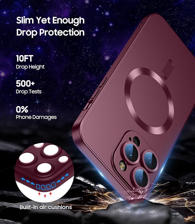 Magnetic for iPhone 14 Pro Max Case [Compatible with MagSafe][Built-in Camera Lens Protector] Slim Soft TPU Bumper Shockproof Metallic Luster Phone Case (Burgundy)