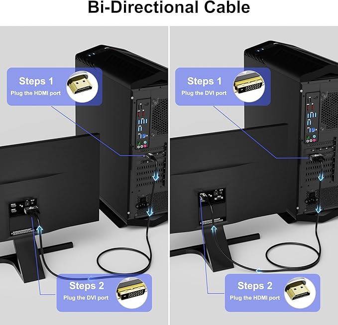 HDMI to DVI Cable 25FT, Bi-Directional DVI to HDMI Male to Male Cord, HDMI A to DVI-D Adapter, Gold-plated Connectors, Aluminum Shells, 1080P, for Computer, Monitor, Projector, Raspberry Pi, Xbox, PS3