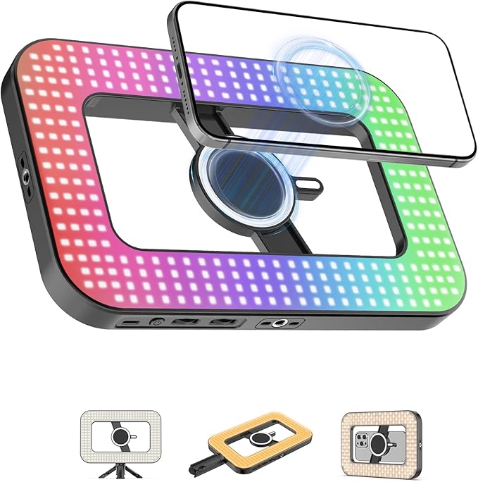 Double-Sided Magnetic Phone Ring Light with Mini Tripod Stand,448 LED 6000mAh Rechargeable RGB Selfie Light for iPhone,Handheld Stabilizer with Light for Magsafe/Phones/Video Recording/Makeup/Photos