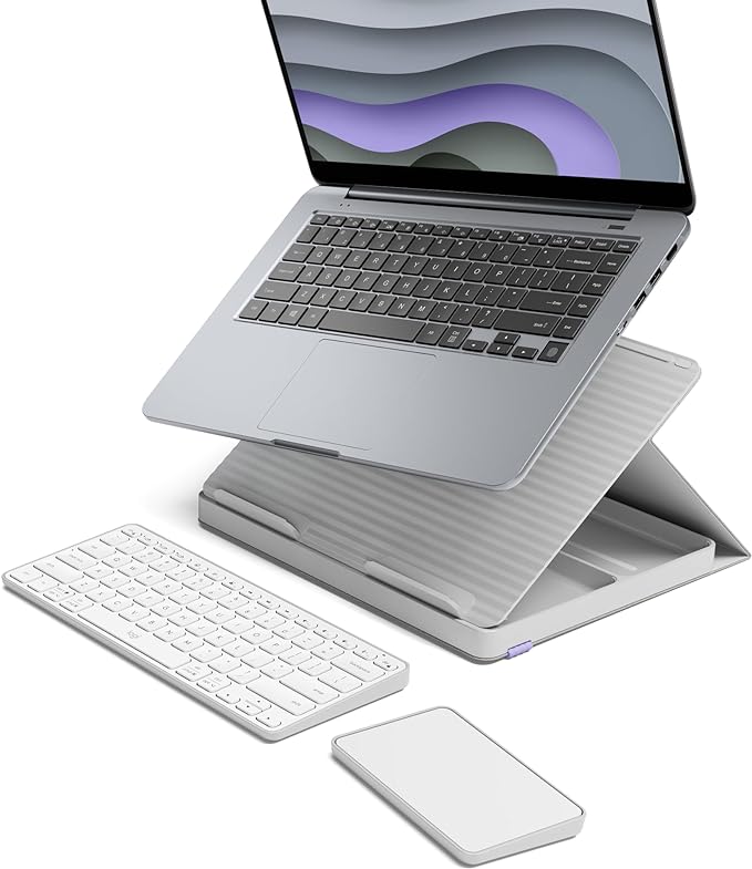 Logitech Casa Pop Up Desk Kit - Adjustable Laptop Stand for Desk, Wireless Keyboard & Touchpad, Bluetooth, USB C Charging, Nordic Calm, Tan/Purpl