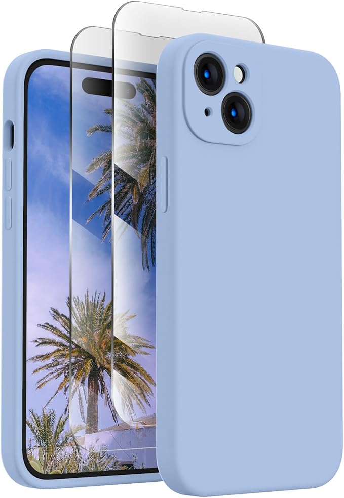 FireNova Designed for iPhone 15 Case, Silicone Upgraded [Camera Protection] Phone Case with [2 Screen Protectors], Soft Anti-Scratch Microfiber Lining Inside, 6.1 inch, Light Blue