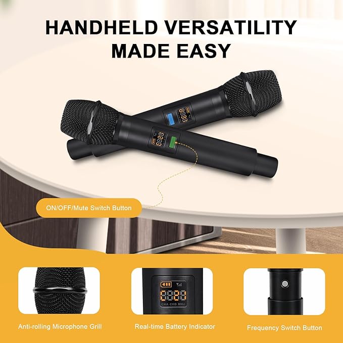 4-Channel Wireless Microphone System,UHF Cordless Mic Set w/ 4x10 Frequencies, 200ft, 2 Handheld Dynamic Mics, 2 Bodypacks & Headset/Lapel Microphones for Singing, Karaoke, DJ (MWM-41-2H2B)