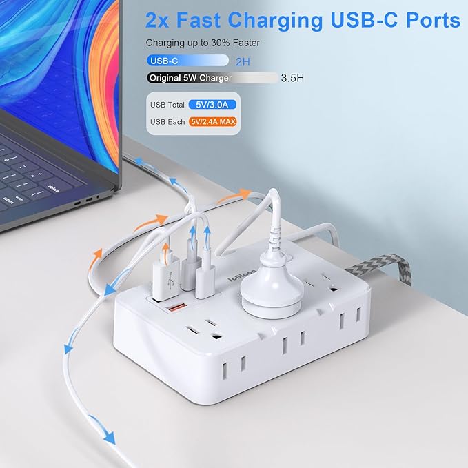 Surge Protector Power Strip 10 Ft Cord, Ultra Thin Flat Extension Cord with 6 Outlets 4 USB Ports(2 USB C), Flat Plug Power Strip, Braided Power Cord for College Dorm Room Essentials