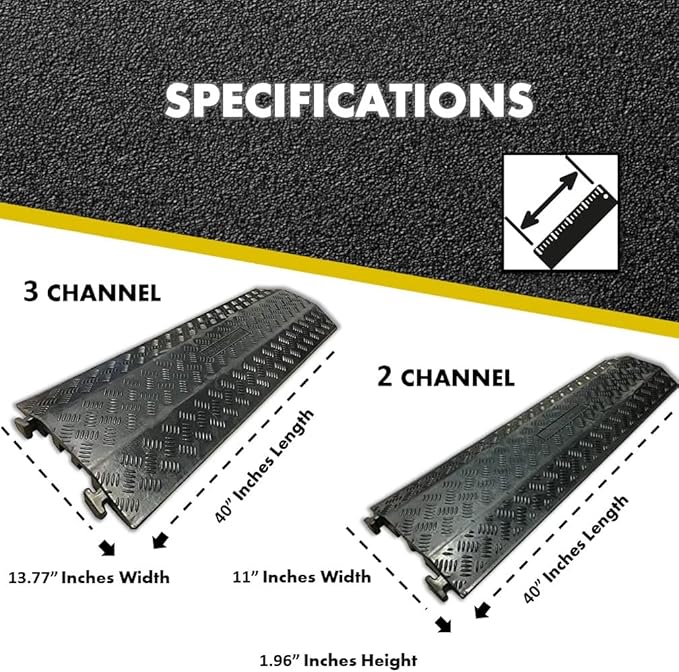 Kable Kontrol Drop Over Floor Cord Cover – 40” Inch Long 3 Channel Cable or Wire Protector – 60 Pcs Bulk Pack - Rubber Ramp for Indoor and Outdoor Use – Black
