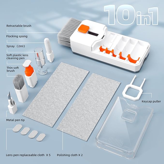 Keyboard Cleaning Kit Laptop Cleaner, 10-in-1 Computer Screen Cleaning Brush Tool, Multi-Function PC Electronic Cleaner Kit Spray for iPad iPhone Pro, Earbuds, Camera Monitor, All-in-one with Patent