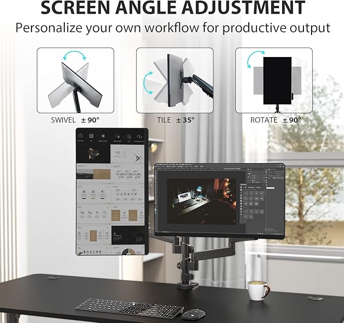 EUREKA ERGONOMIC Dual Monitor Stand, Fully Adjustable Gas Spring Double Monitor Arms for PC Computer Screen 13 to 32 inch up to 17.6 LBS W VESA 75x75mm,100x100mm C Clamp Grommet Base, Black