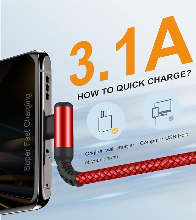 sweguard USB C Cable Right Angle [3Pack, 10FT+6.6FT+3.3FT], USB Type C iPhone 16 Charger Cable Nylon Braided Cord for iPhone 15 16 Pro Max Plus, Samsung Galaxy S25 S24 S23 S22 S21 S10 Note 20 10, Moto