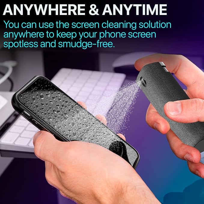 Mini Screen Cleaner Spray – Finger Proof Screen Cleaner for Smartphones, iPads, MacBooks, Laptops, Car Screens, Touchscreens – 3in1 Mist Cleaner, Microfiber Cloth and Cover (Orange)