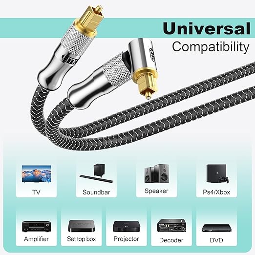 EMK Premium 24K Gold-Plated Right Angle Optical Cable – 90° Toslink to Toslink (10M/30Ft), 360° Rotatable for Soundbars, TVs & Home Theater
