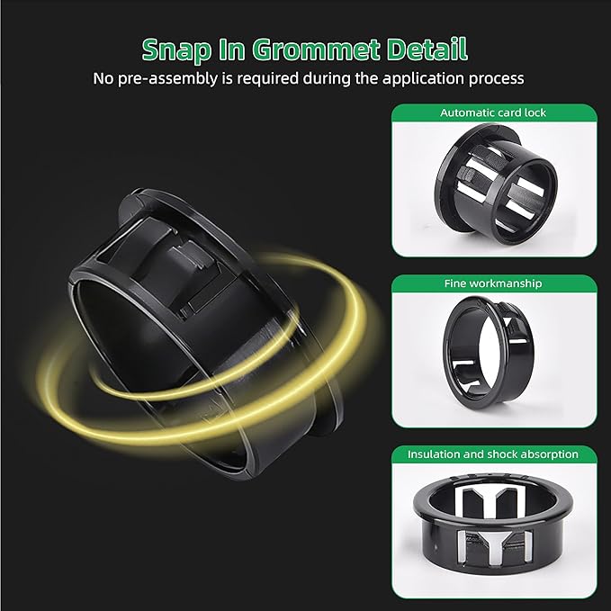 1-1/2"(38mm) Black Snap-in Knockout Insulating Bushing Grommets, Plastic Cable Hole Grommets for Wiring, Round Nylon Snap in Locking Electrical Wire Cord Hose Tubing Bushings Grommets, 10pcs