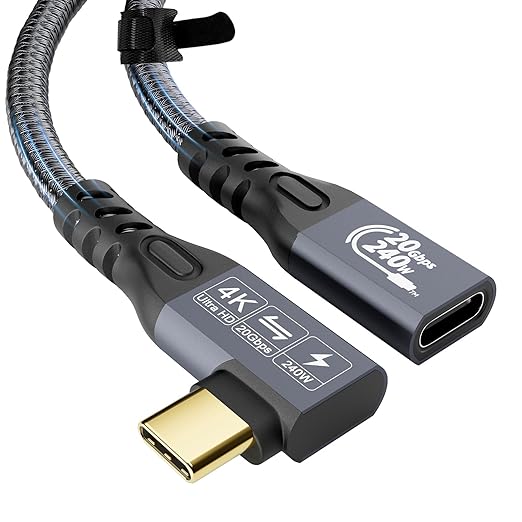 CABLEDECONN USB C 3.2 Gen-2 Extension Cable 0.5M 1.6FT 90 Degree Elbow Thunderbolt 3 240W Fast Charging Cable Male to Female Data Transfer 20Gbps 48V/5A 4K Video Cable Compatible with MacBook